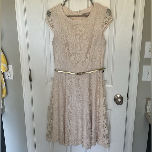 Dress Barn Cream Lace Midi Dress with Gold Belt - Picture 1 of 5